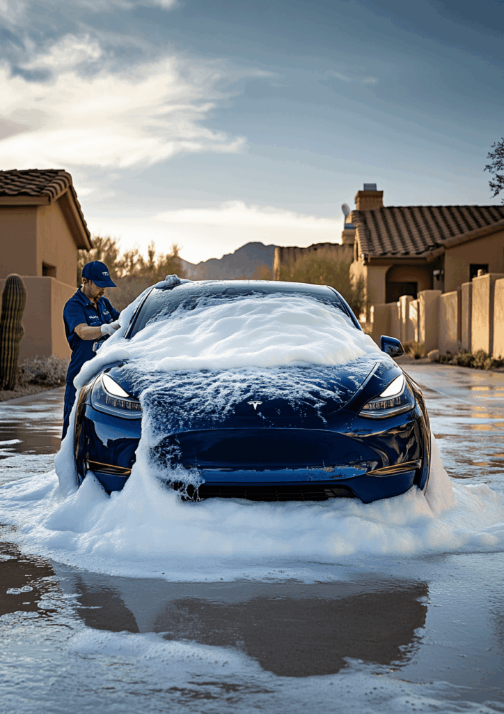 Blue Tesla sedan covered in white soap foam as a worker in blue uniform washes it in a suburban driveway.