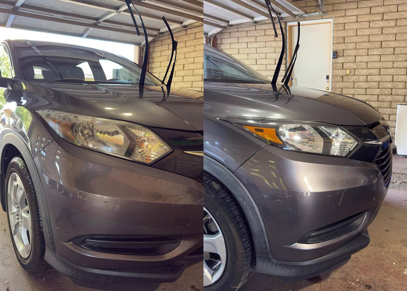 Split image of a gray SUV's front-left showing headlight, bumper and wheel in a garage with raised windshield wipers and brick wall.