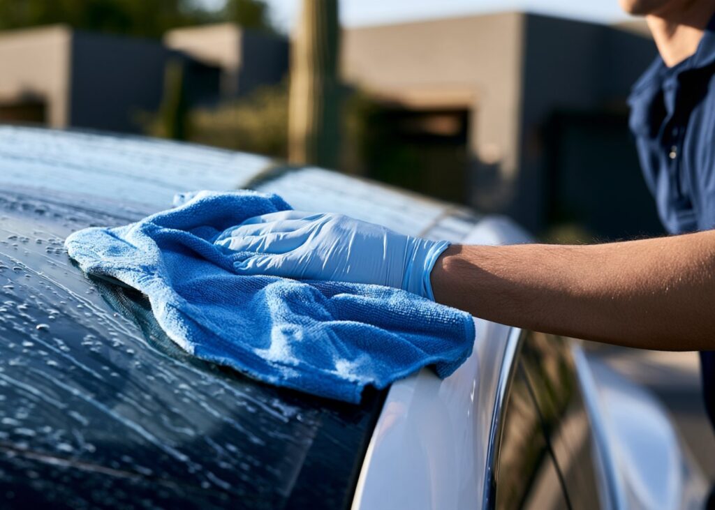 Detailer wiping the glass roof of a white electric SUV in an Arizona driveway