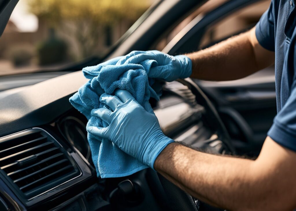 ShineCo technician in a dark slate polo wiping down a car dashboard in a Mesa driveway